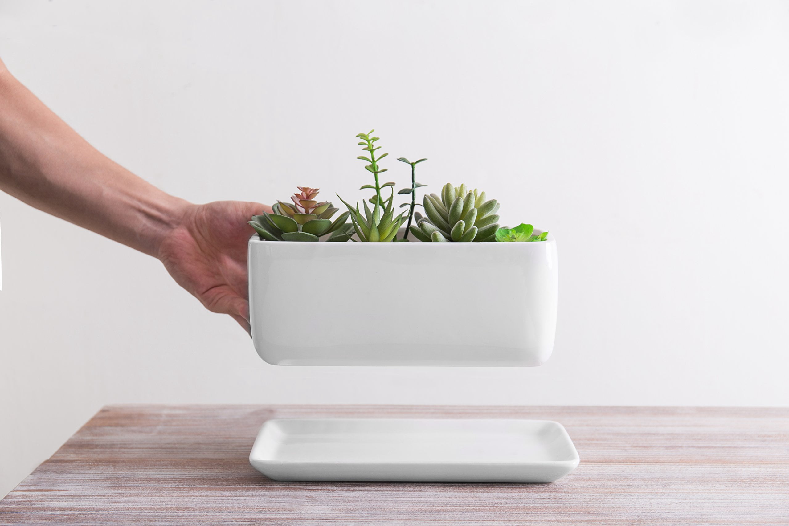 14 Inch Ceramic Indoor Plant Pot with Drainage Hole, Rectangular Succulent Planter Window Box with Removable Saucer, Matte White Finish