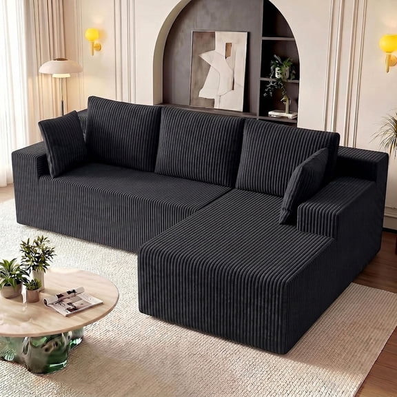 96" L-Shape Modular Cloud Couch, 3-Seater Deep Seat Corduroy Sectional Sofa, Black