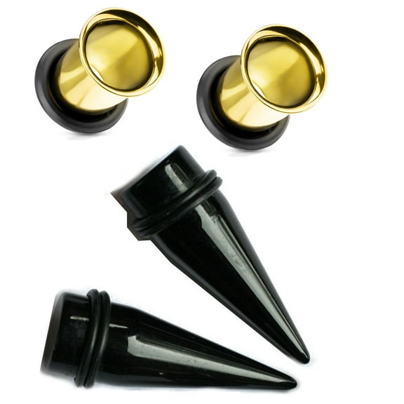 Zaya Body Jewelry 2 Pairs Gold Steel Tunnels Black Tapers Ear Stretching Kit gauges plugs - [RT]Gauge size=0g 8mm