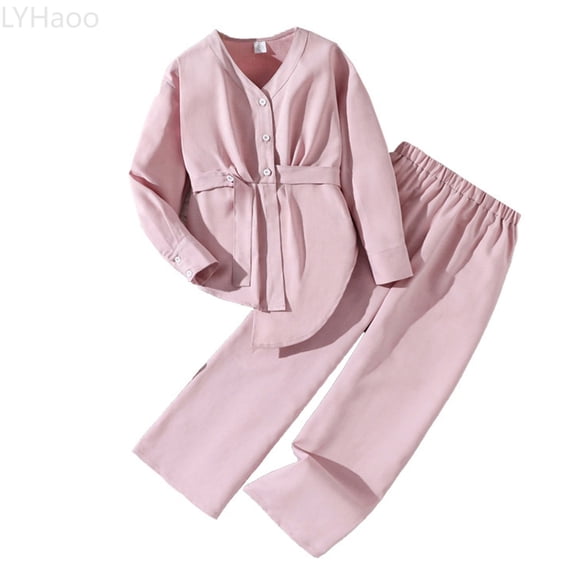 LYHaoo Girls Fall Outfit Fashionable Blouse With Wide Leg Pants Comfortable Two Piece Casual For School And Daily Wear Set Girls Outfit Sets Sizes 7-8 Years(Pink)
