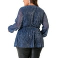 thumbnail image 3 of Blusas de peplum brillantes con lentejuelas y cuello en V para mujeres de tallas grandes Agnes Orinda, con mangas de linterna y pliegues en la cintura, 2X azul marino, 3 of 6