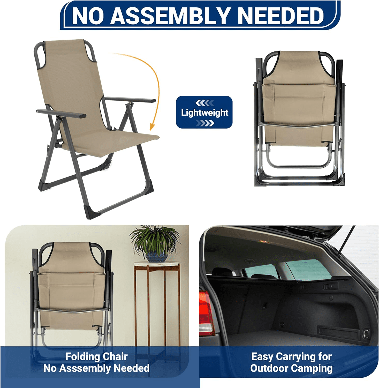 Amopatio Outdoor Folding Patio Sling Chairs Set of 2, Heavy Duty Adjustable Recliner, Folding Chairs for Outdoor Camping Garden, Support 300LB