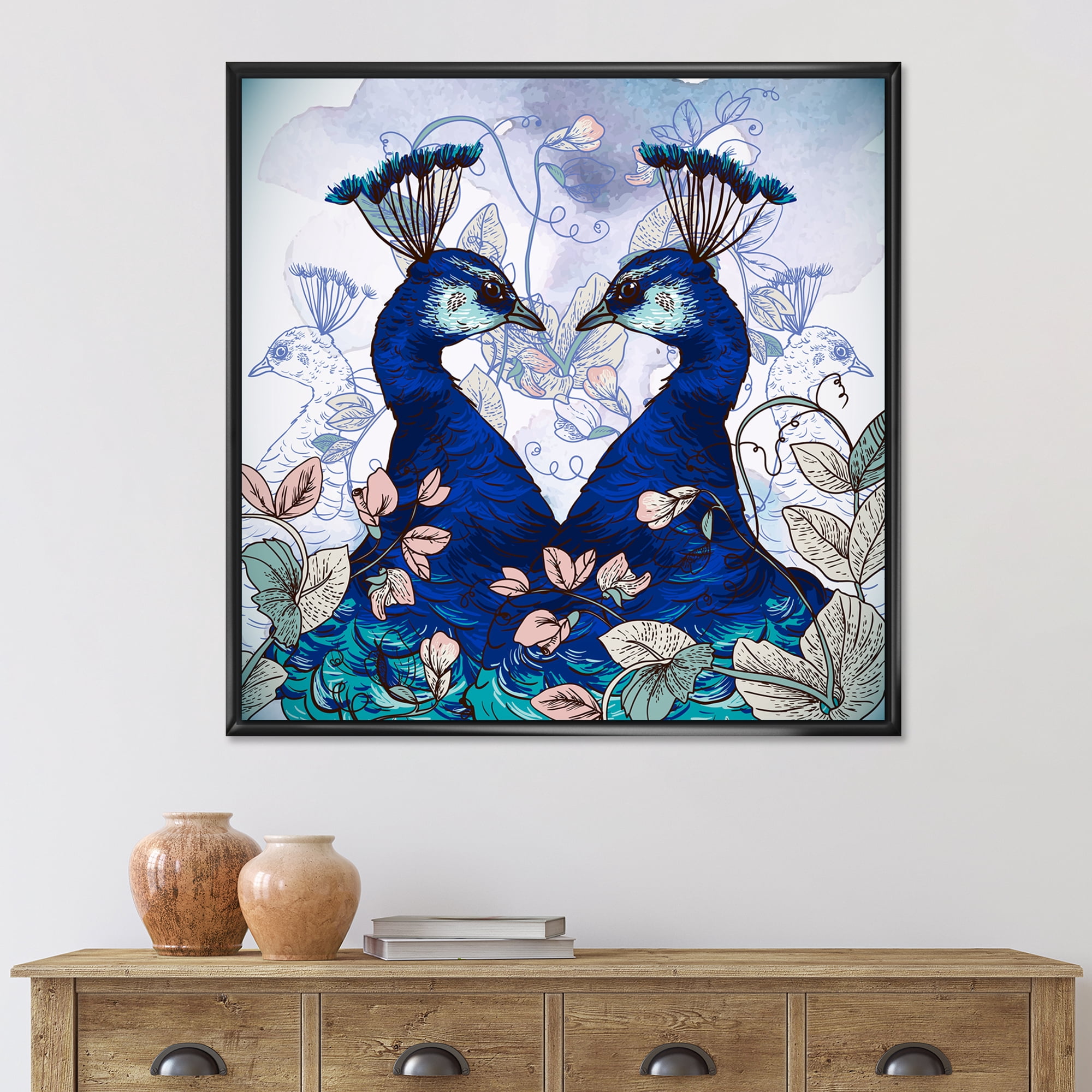Designart 'Wildflowers With Two Blue Peacocks' Traditional Framed Canvas Wall Art Print