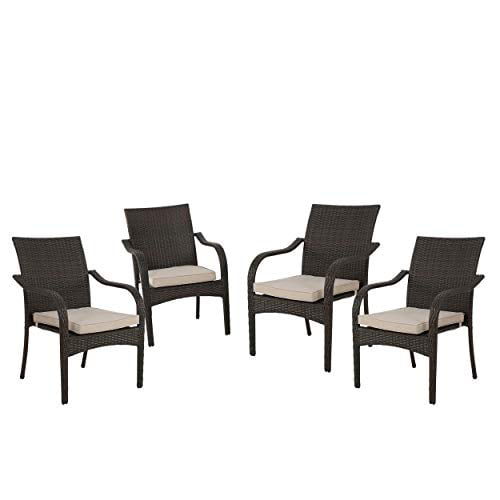 Textured Beige Multibrown Christopher Knight Home San Pico Outdoor Wicker Armed Dining Chairs with Water Resistant Cushions 4-Pcs Set 