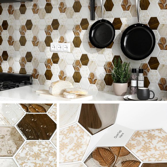 Livelynine Peel and Stick Backsplash Tile for Kitchen Boho Hexagon 12X12 4-Tiles Back Splashes for Kitchens Peel and Stick Tile Stickers for Bathroom Shower Walls Waterproof Self Adhesive Wall Tiles