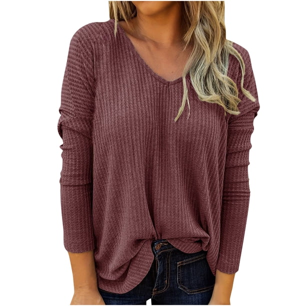 Camisas Para Mujer Moda Manga Larga Cuello en V Jersey Color Sólido Blusa Casual Tops Odeerbi ODB128987