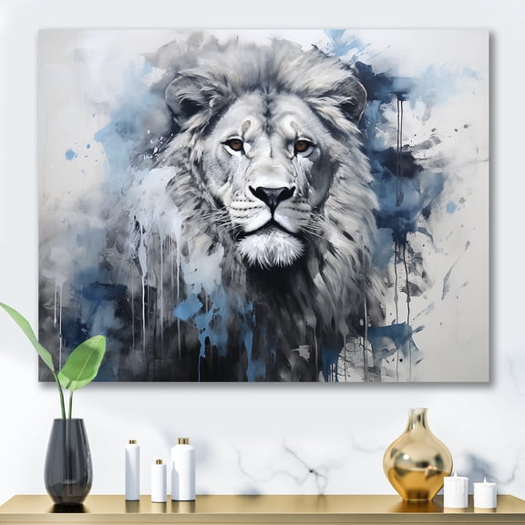 Designart "Lion'S Royal Presence In Grey And Blue Savannah II" Animals Lion Canvas Wall Art