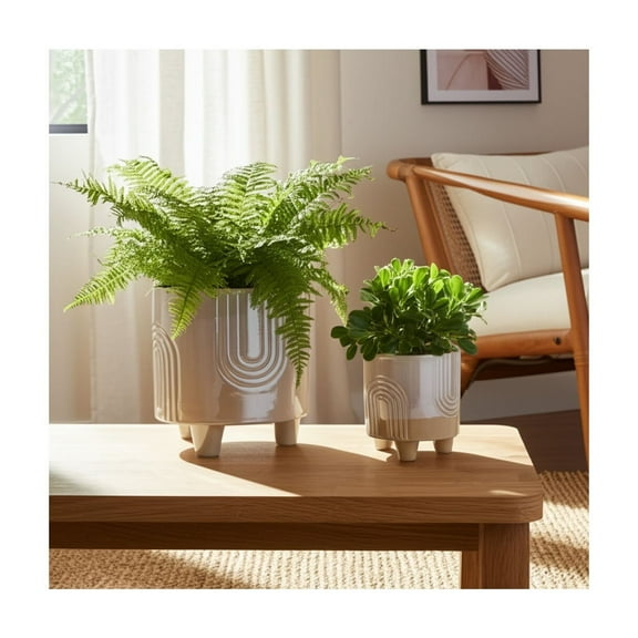 Set of 2 Modern Ceramic Planters with Geometric Design - Ceramic Flower Pots for Home & Garden - Decorative Indoor/Outdoor Plant Containers with Drainage Holes - 8", 6" Ivory & Tan