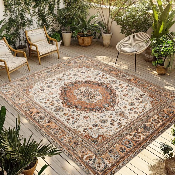 Fsddascl Burnt Orange Boho Outdoor Rug for Patio/Deck/Porch, Non-Slip Large Area Rug 5 x 8 Ft, Vintage Ethnic Geometric Southwestern Indoor Outdoor Rugs Washable Area Rugs, Camping Rug Carpet