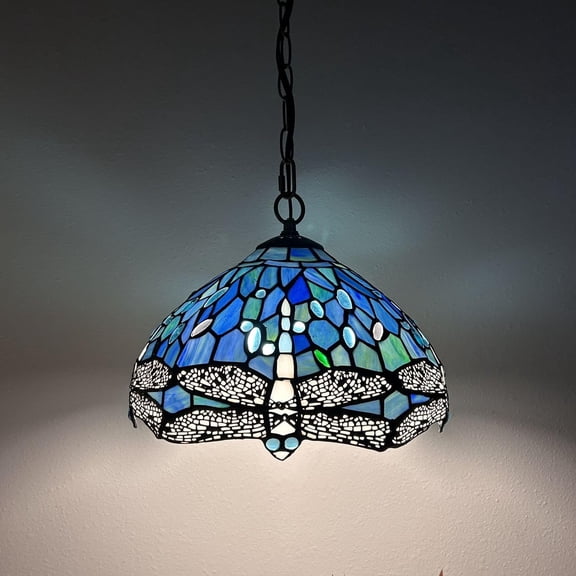 Tiffany Blue Stained Glass Dragonfly 12-Light Pendant Lights with Stained Glass
