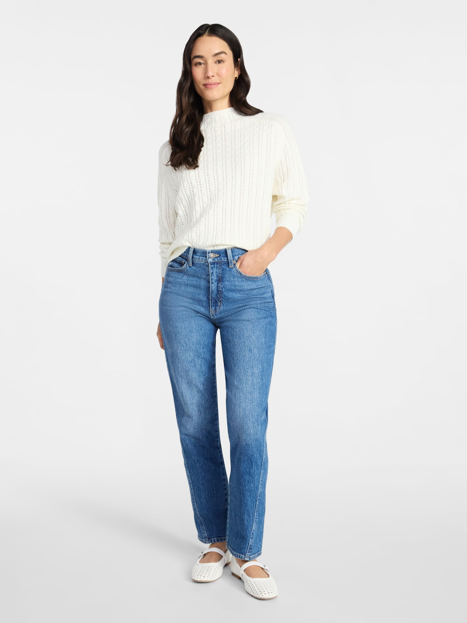 Time and Tru Women's Pointelle Mock Neck Pullover Sweater with Long Sleeves, Lightweight, Sizes XS-XXXL