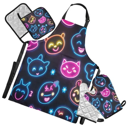 

5-Piece Kitchen Apron Set with Heat-Resistant Gloves & Insulation Mats for Cooking Baking BBQ Cartoon Smiling Faces