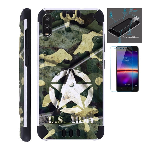 WORLD ACC Combat Guard Phone Case Compatible with TCL A2X + Screen Protector Brushed Metal Texture Hybrid Cover (US Army Metal Shell)