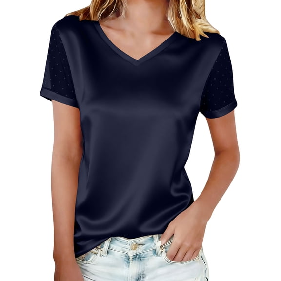 Kukoosong Women's T-shirts Solid Color Short Sleeve V-Neck with Mesh Rhinestone for Summer Casual, Glam Trendy Elegant Tee Shirt for Women