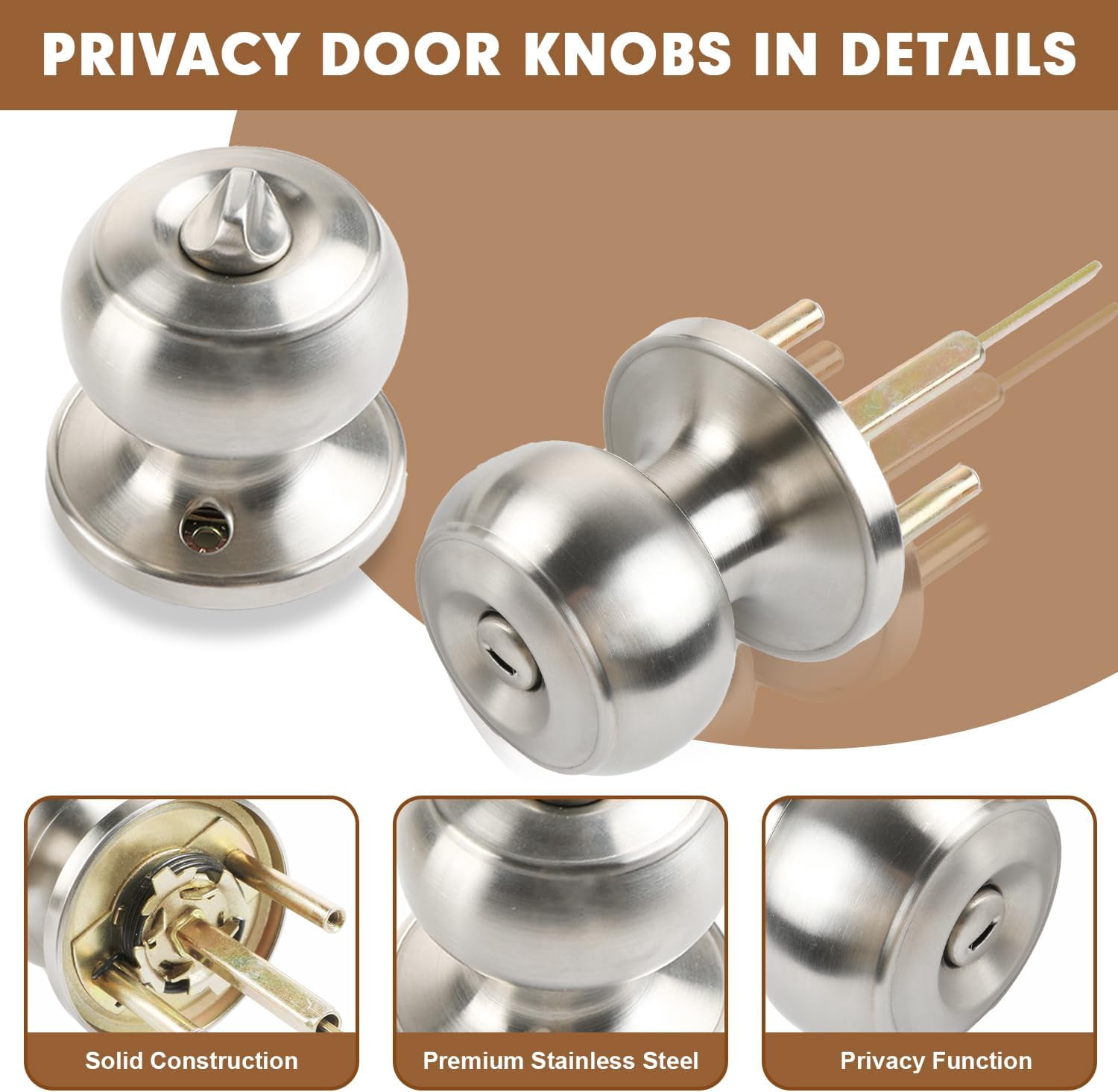 Privacy Door Knobs, 5 Pack Satin Nickel Door Knobs with Lock, Bed and Bath Door Knob Interior Keyless Locksets, Round Door Handles Reversible for Left Right Handed Doors