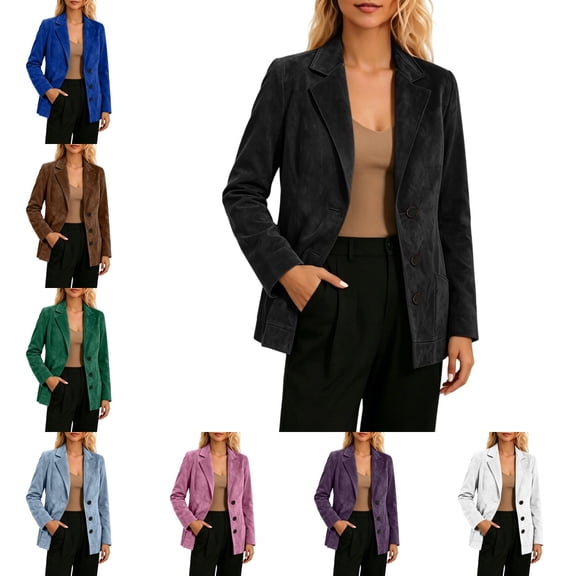 Levmjia Women's Suede Blazer Jacket Solid Color Lapel Open Front Workwear Long Sleeve Office Casual Jacket with Pockets