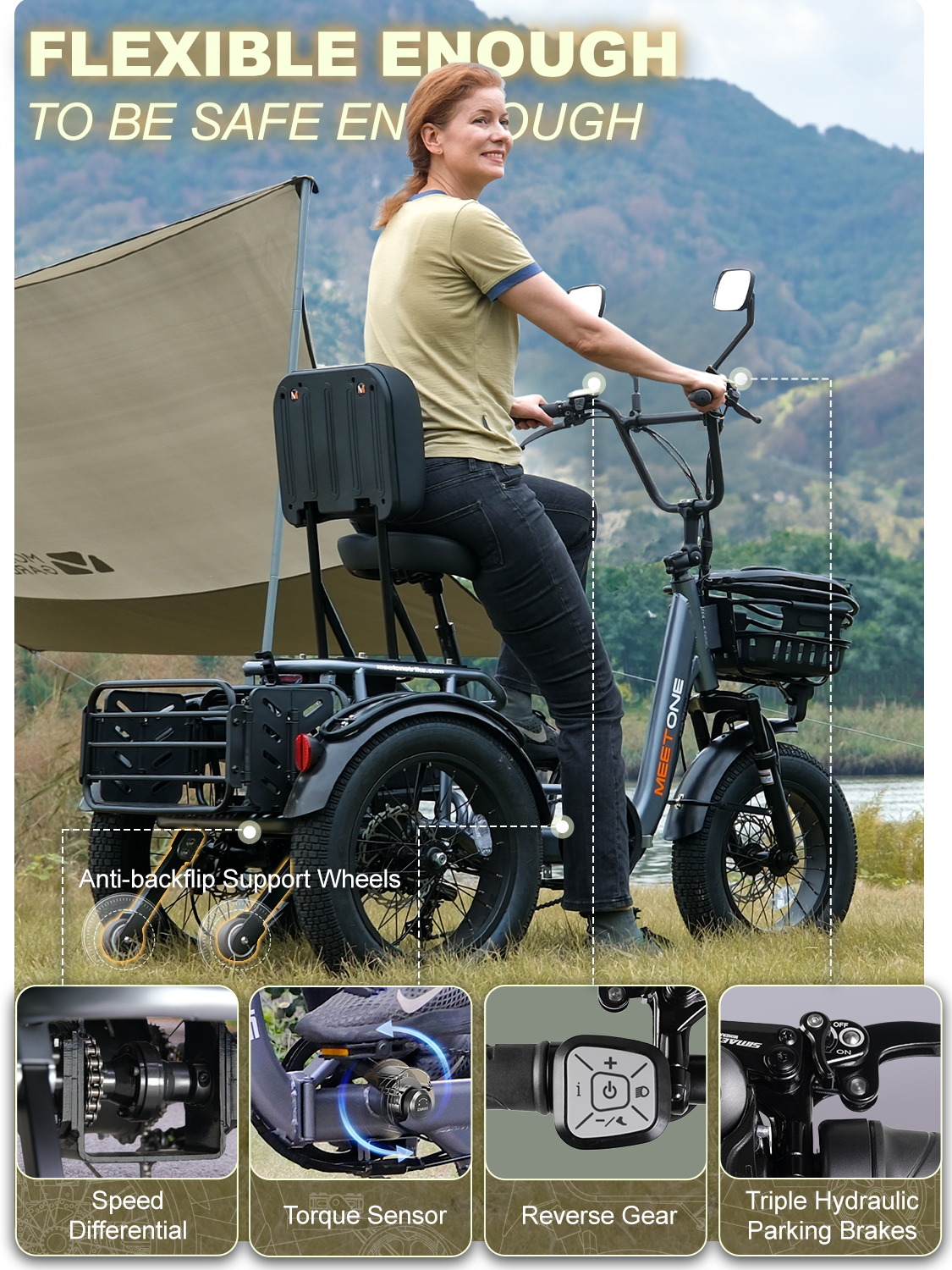 Breeze pro Folding Electric Tricycle for Adults, 1200W Electric Trike, 22MPH 100Miles 3 Wheel Electric Bike, Reverse Gear, Torque Sensor, 450lbs Load, F&R Baskets, 4'' Wide Fat Tire, UL Certified