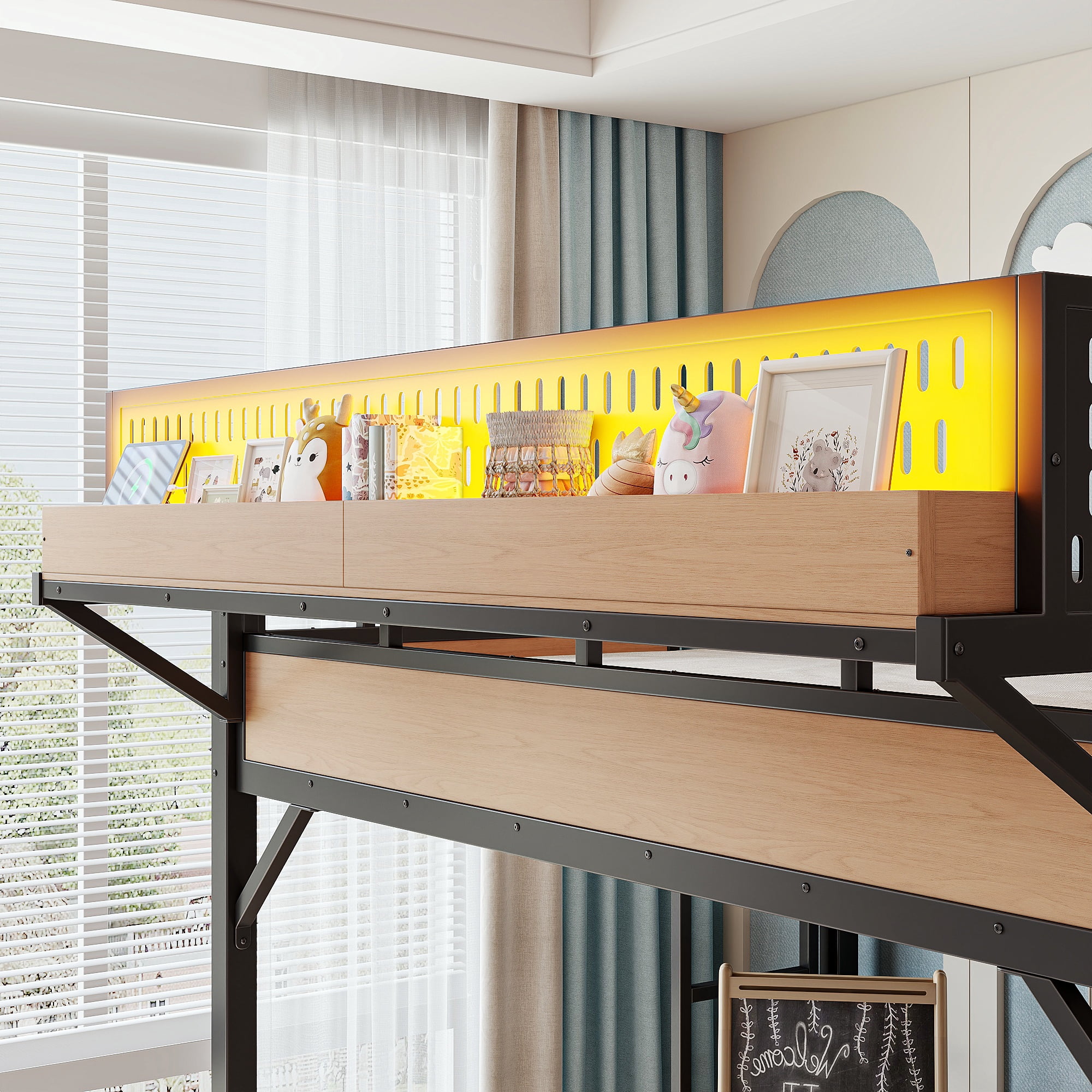 Leumius Full Size Loft Bed with Slide,Storage Shelves and Built-in Wardrobe,Metal Loft Bed Frame with USB Ports and LED Lights,Pegboard,Safety and Solid,