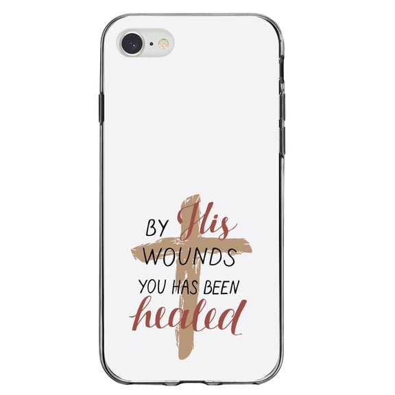 DistinctInk Clear Shockproof Hybrid Case for iPhone 7 8 SE (2020 Model) 4.7" Screen TPU Bumper Acrylic Back Tempered Glass Screen Protector - By His Wounds You Has Been Healed - Cross