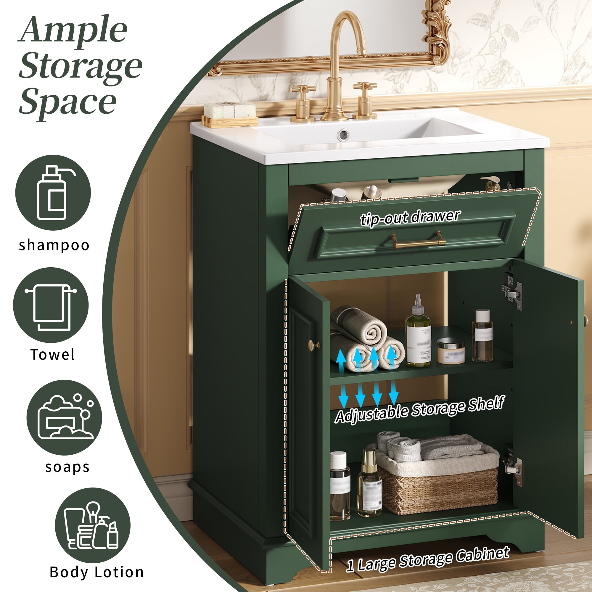 Euroco 24" Bathroom Vanity with Integrated Ceramic Sink, Bathroom Cabinet with 2 Doors, 1 Tip-Out Drawer, Single Sink Bathroom Vanity for Small and Medium Restroom, Green