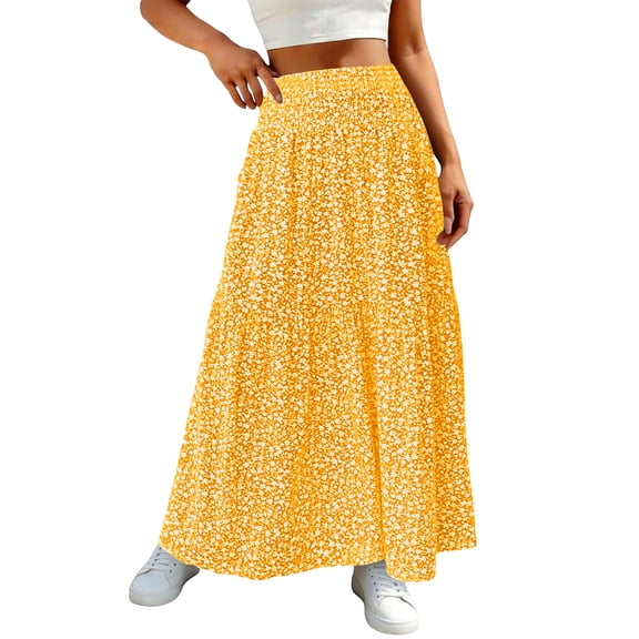 Women's Smocked High Waist Maxi Skirt Casual Long Skirts with Pockets