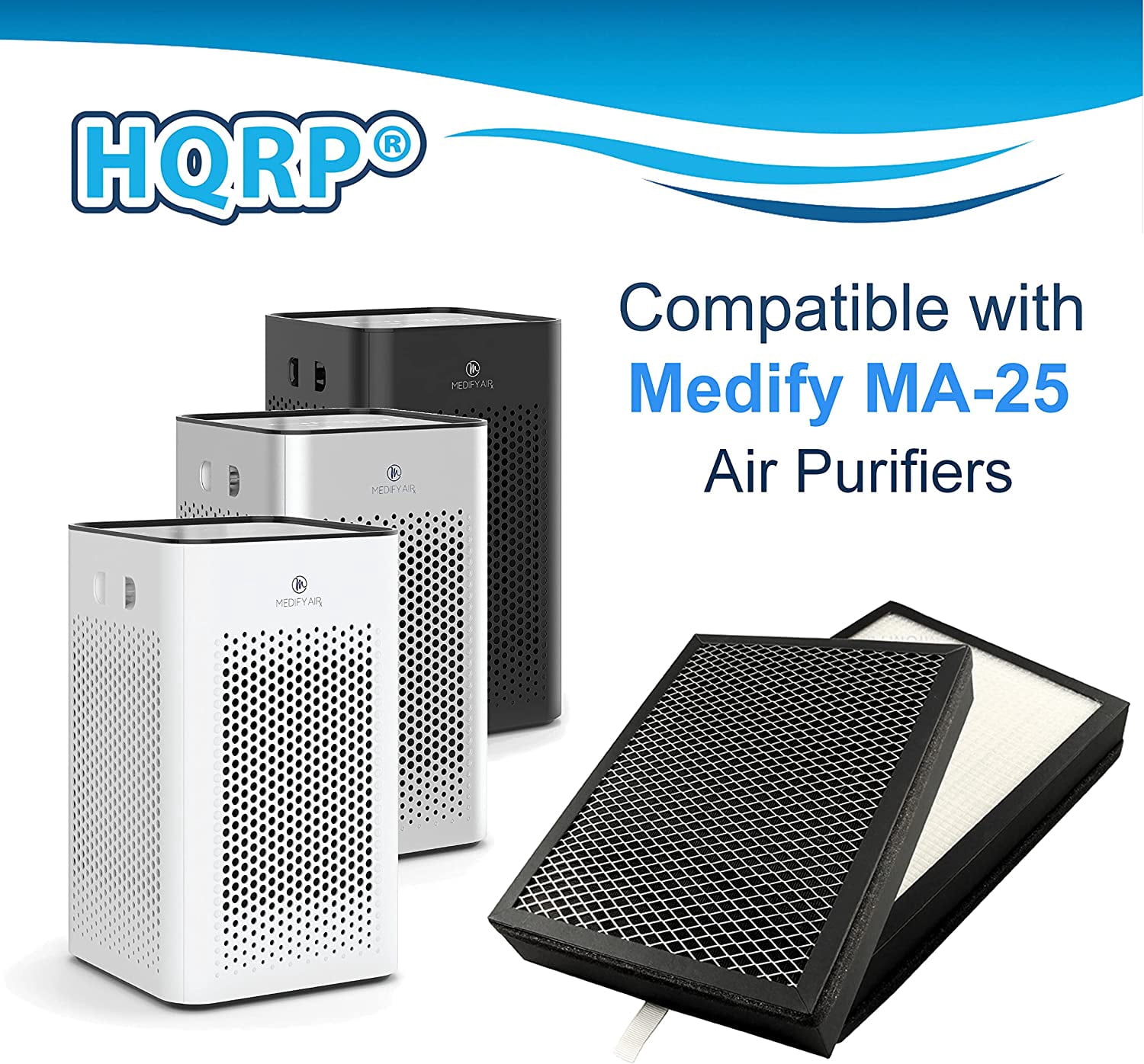 HQRP 3 in 1 HEPA Filter Set (2 Filters) compatible with Medify Replacement for MA25R for MA25 MA25 Air Purifier