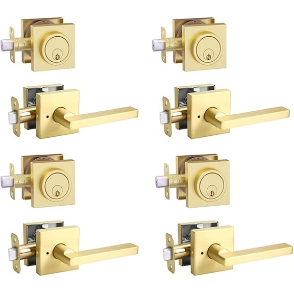 Front Door Handle with Deadbolt Lock Set, Keyed Alike Heavy Duty Privacy Handles Locksets, (4Pack-Set,Satin Brass)