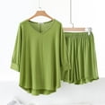 thumbnail image 2 of Caywon Ladies' Casual Loose V-Neck Three Quarter Sleeve Sleeved Lace Shorts Pajama Set Casual Solid Color Oversized Shirts Biker Shorts(Green,XL), 2 of 6
