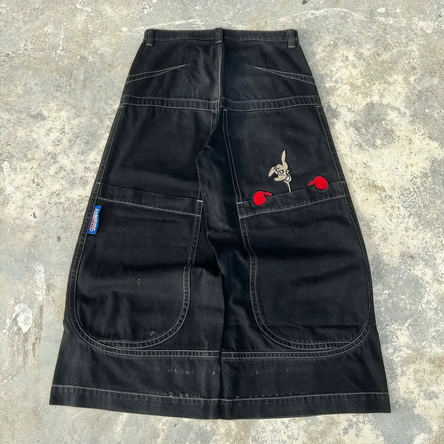 Hip Hop American Jnco Big Pocket Boxing Kangaroo Print Wash Wide