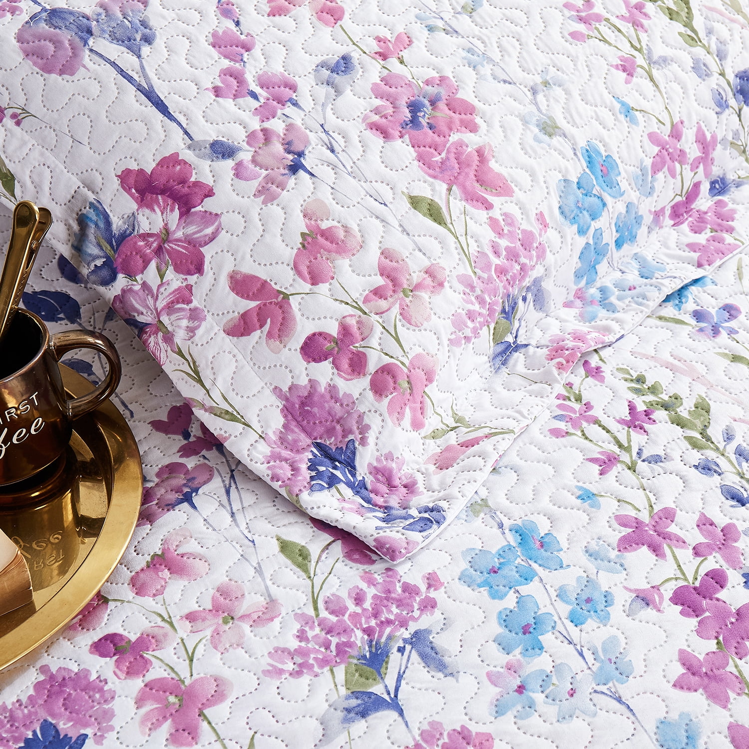 Jessy Home Floral Quilts Queen/Full Purple Lilac Flower Bedding Microfiber Bedspread Set