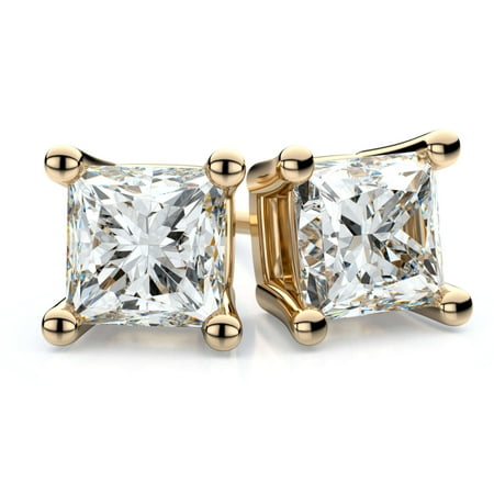 Trillion Designs 10k Yellow Gold 1ct Princess Cut Swarovski Stud Earrings With Screw Backs