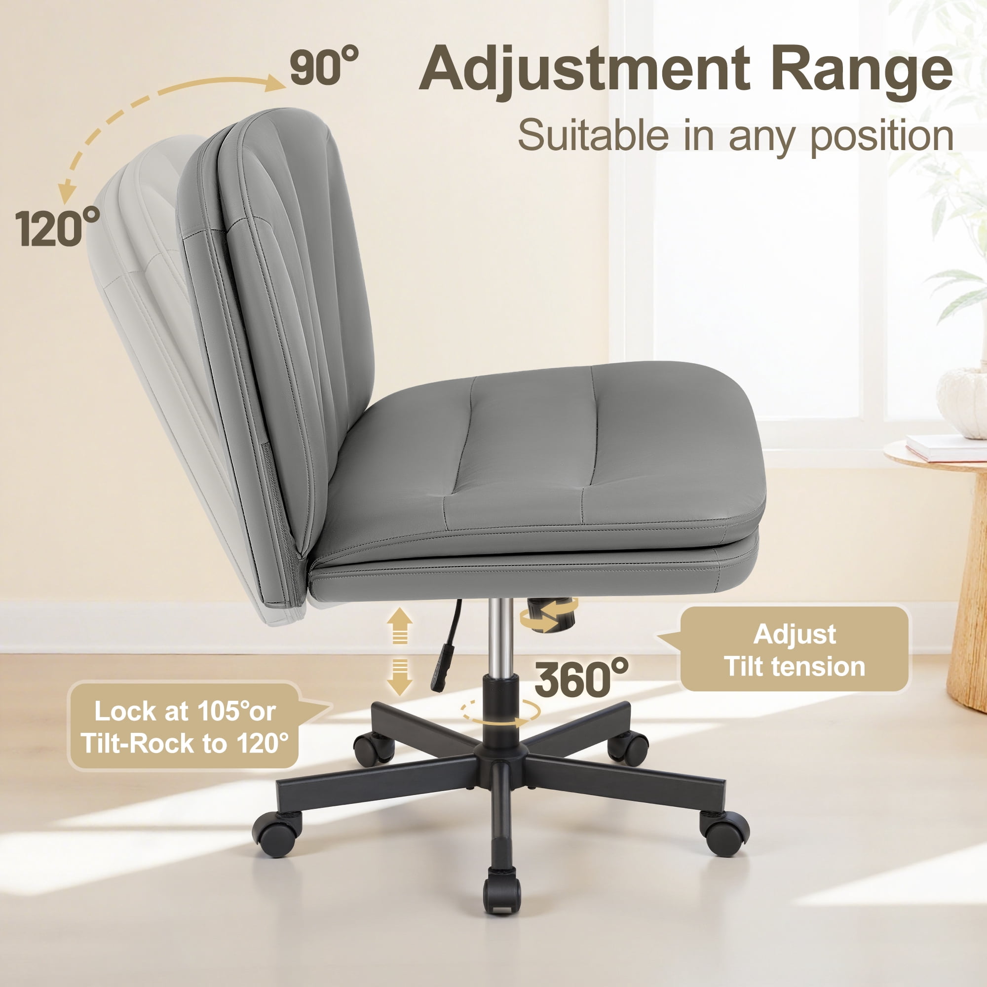 COOLHUT Cross Legged Office Chair with Wheels Armless-Office Desk Chair, Modern Vanity Computer Task Chairs for Home Bedroom, Comfortable Wide Seat for Lower Back Pain Relief, PU Leather, Gray