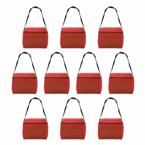 Small Lunch Bags Set of 10, Bulk Pack - Insulated, Fits 6 Cans, Perfect for the Office, Picnic, Beach - Red