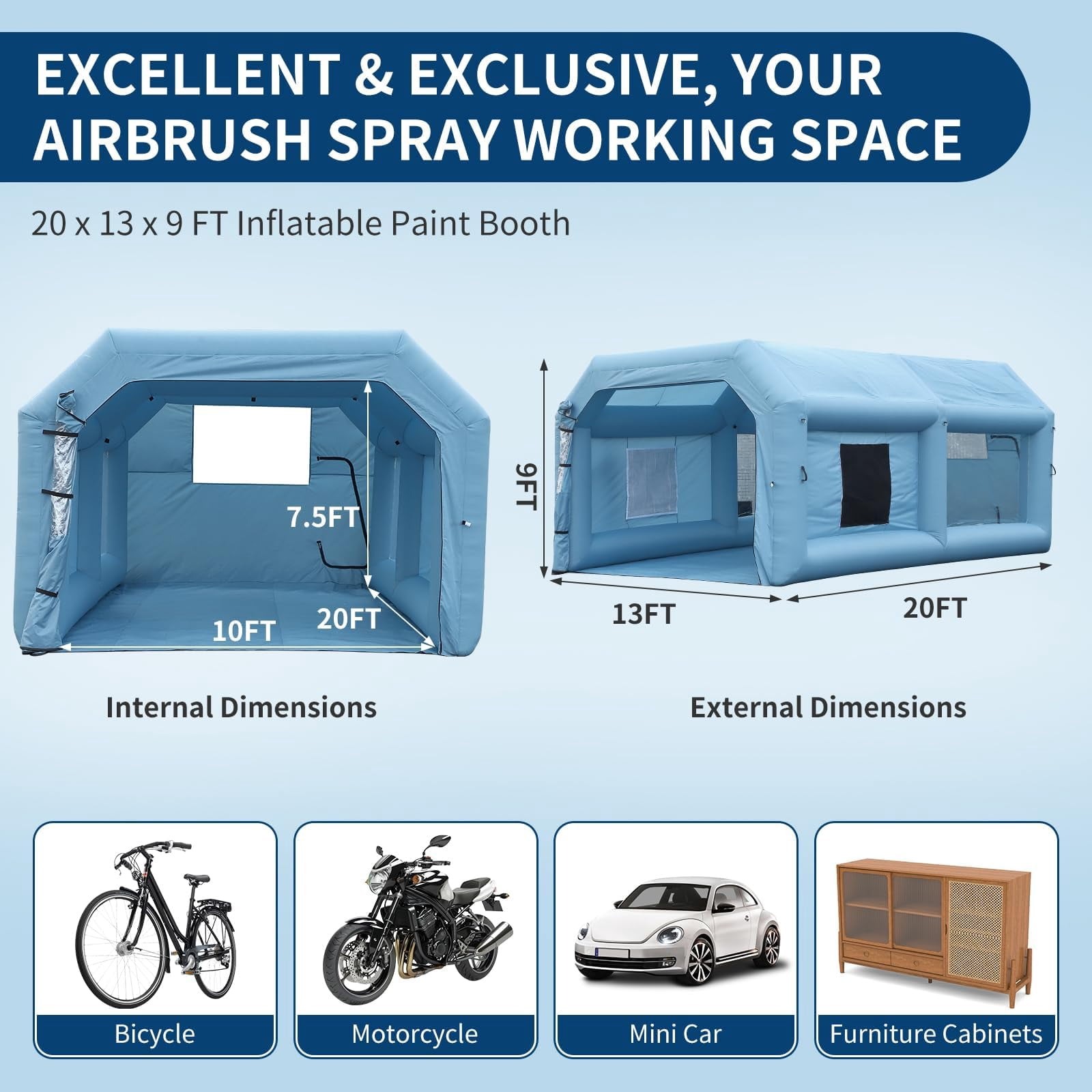 Volkmi Inflatable Spray Paint Tent, Blue Portable Spray Shelter with 3-Layer HEPA Filtration & High-Speed Blower for Garage, Workshop, Car & Furniture