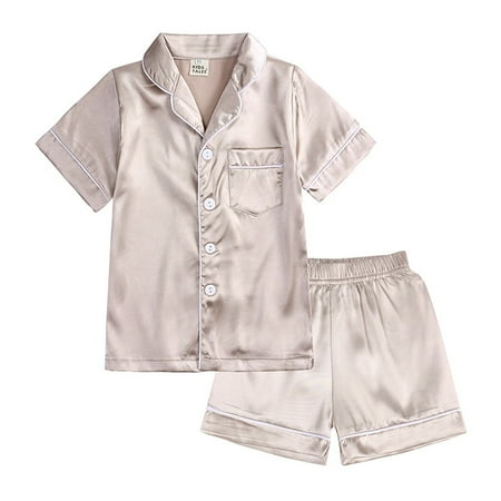 

ZMHEGW Baby Pajamas Set Satin Silk Ki Ds Short Sleeves Sleepwear 2 Piece Button Down Classic Loungewear Shorts Baby Girl Pajamas