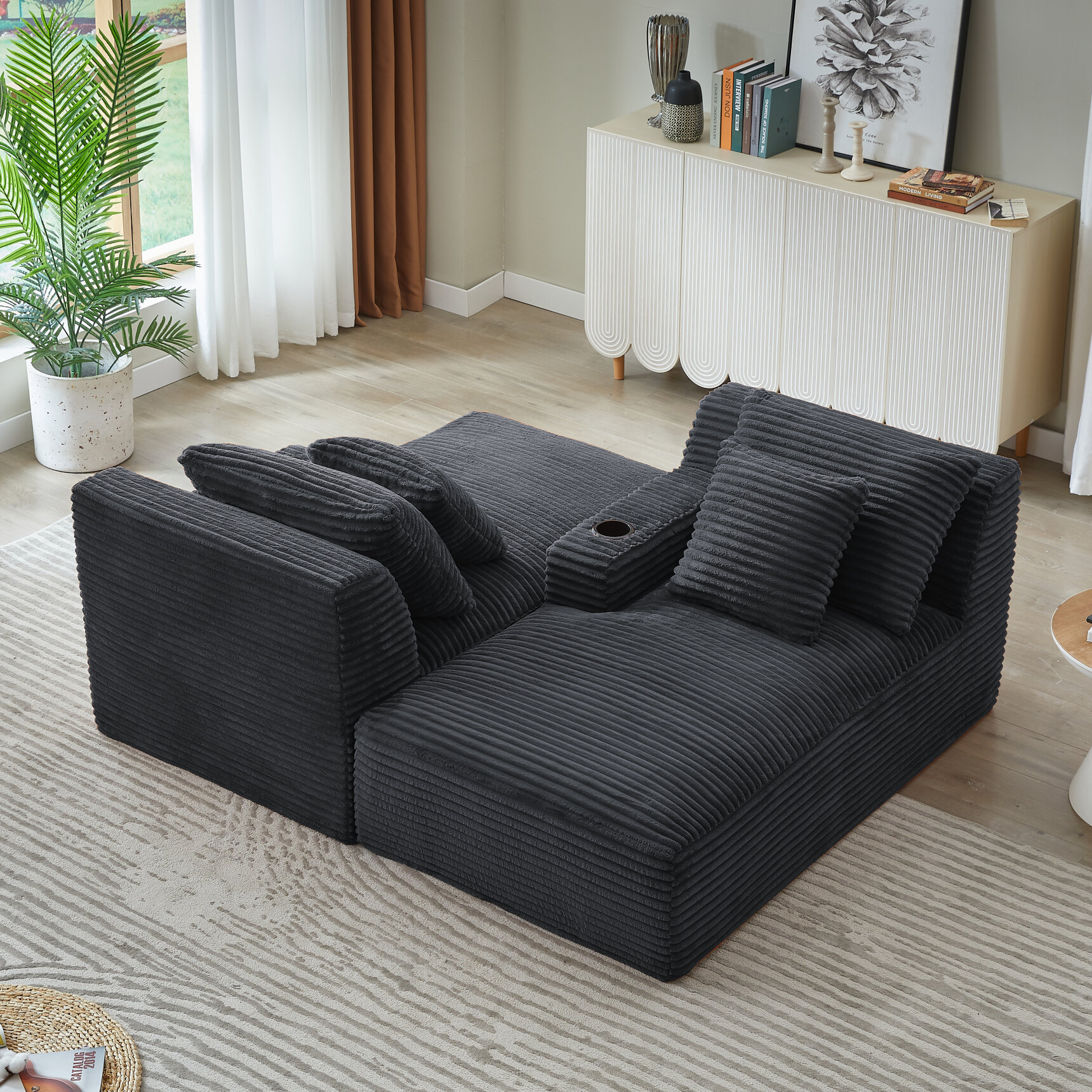 71" Oversized Double Chaise Lounges Indoor, Upholstered Corduroy Sofa Bed with Dual Cup Holders, Sectional Sleeper Loveseat for Living Room, Dark Grey