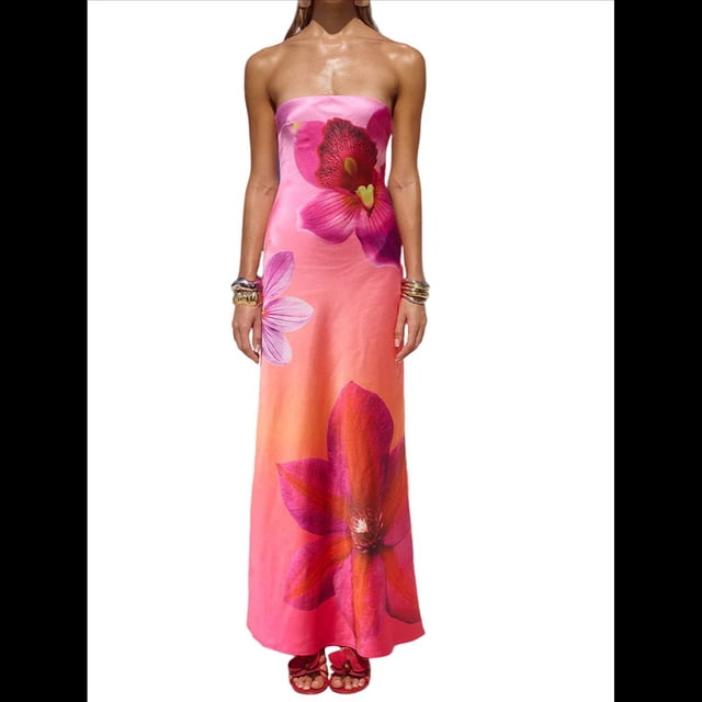 Vestido Maxi Sin Tirantes Y2k para Mujer, con Estampado Floral, Estilo Bohemio, para Playa, para Salir y Salir Rojo XL