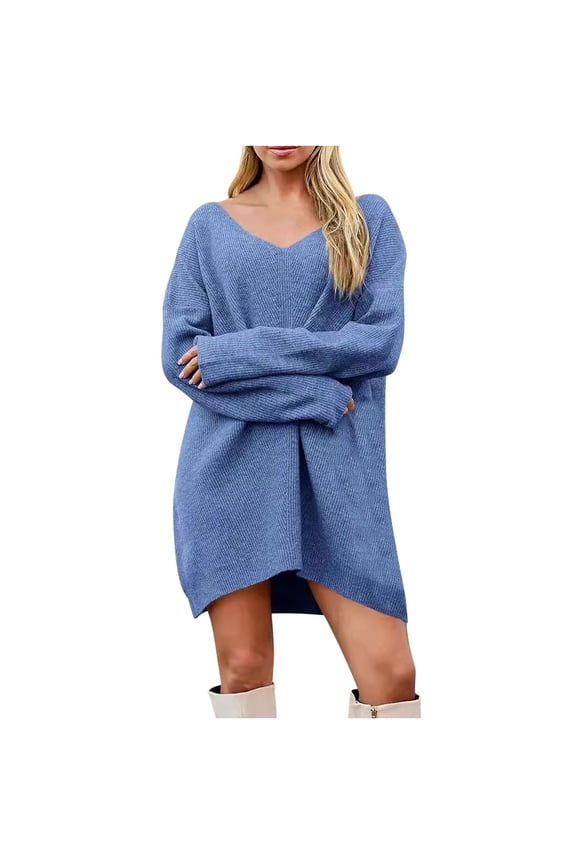 Women's Oversized Casual Sweater, Fall V-Neck Long Sleeve Warm Sweaters Solid Color Pullover Fashion Knit Jumper Top Blue S