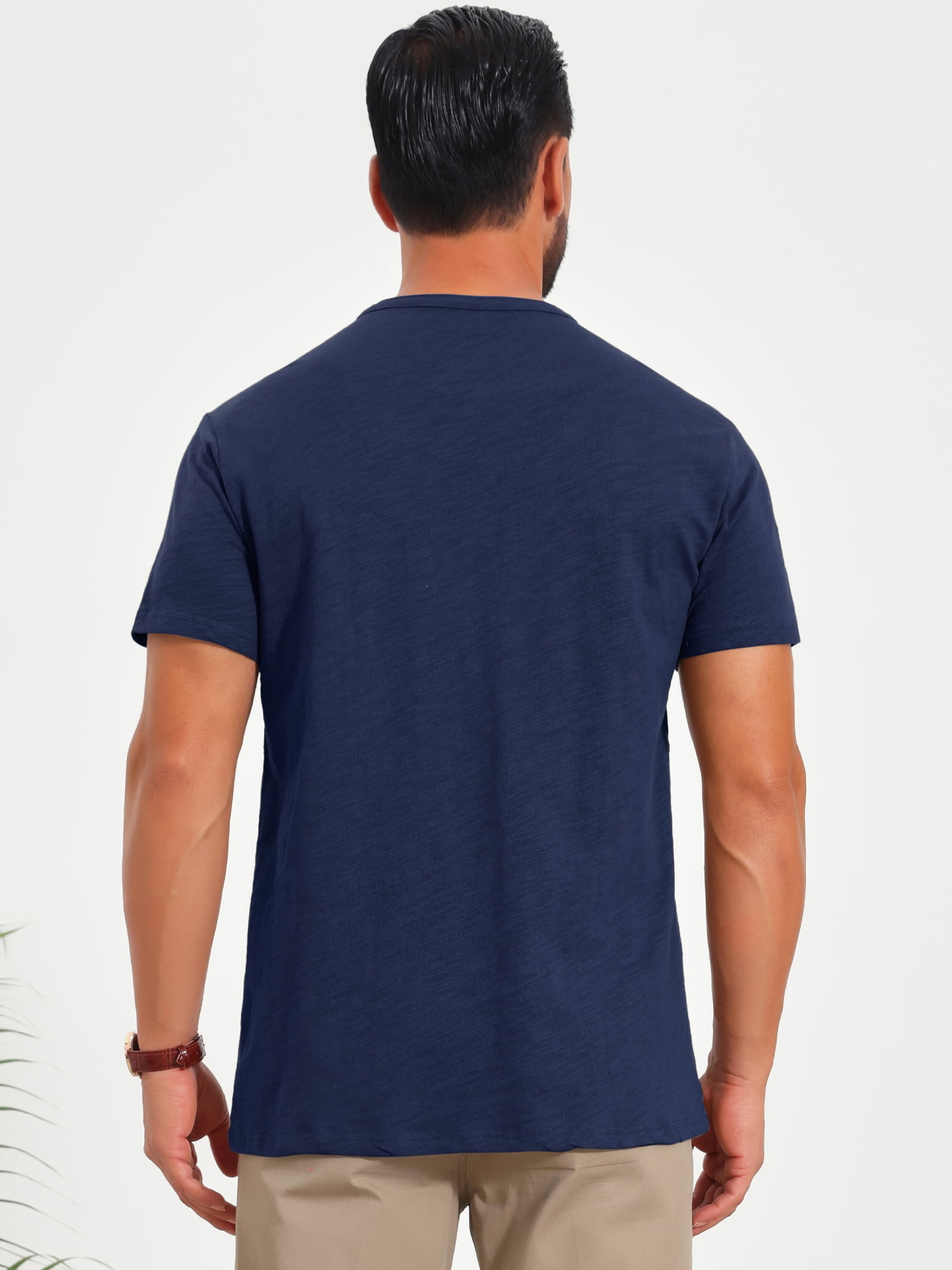 DARING DIVA Men's Retro Henley Texture Button Down Short Sleeve T-Shirt L Navy Blue