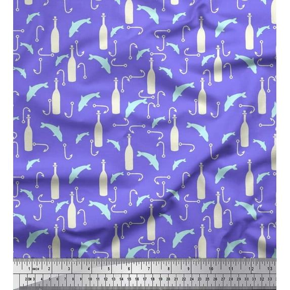 Soimoi Cotton Jersey Fabric Bottle,Fishing Hook & Fish Ocean Print Fabric by Yard 58 Inch Wide
