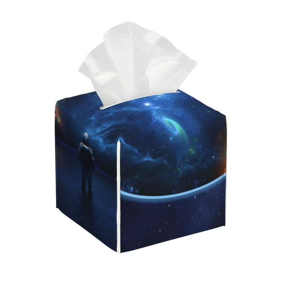 Uemuo Astronaut Tissue Box Cover Holder, Square with Bottom Belt - PVC Leather Decorative Organizer for Tabletop, Bathroom, Car, Office