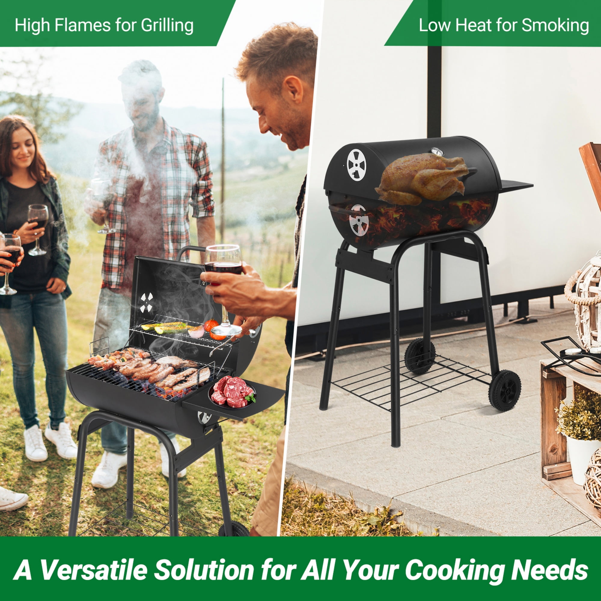 Barrel Charcoal Grill with Side Table & Wheels, 34" Outdoor BBQ Grill for Backyard Camping Picnics Pit Patio and Parties Cooking, Easy Assembly, Black