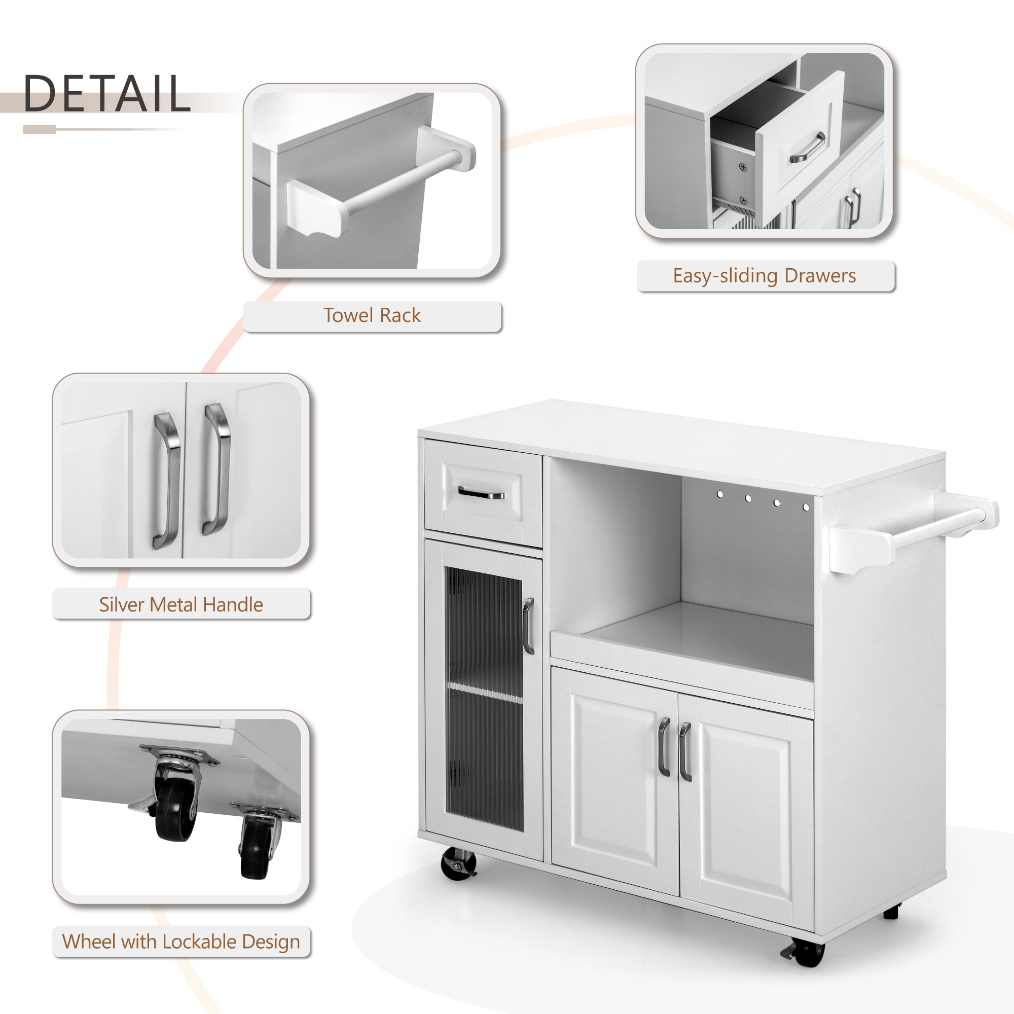 Sophia & William Kitchen Island Cart on Wheels with Extendable Tray, Adjustable Shelf and Glass Door-White