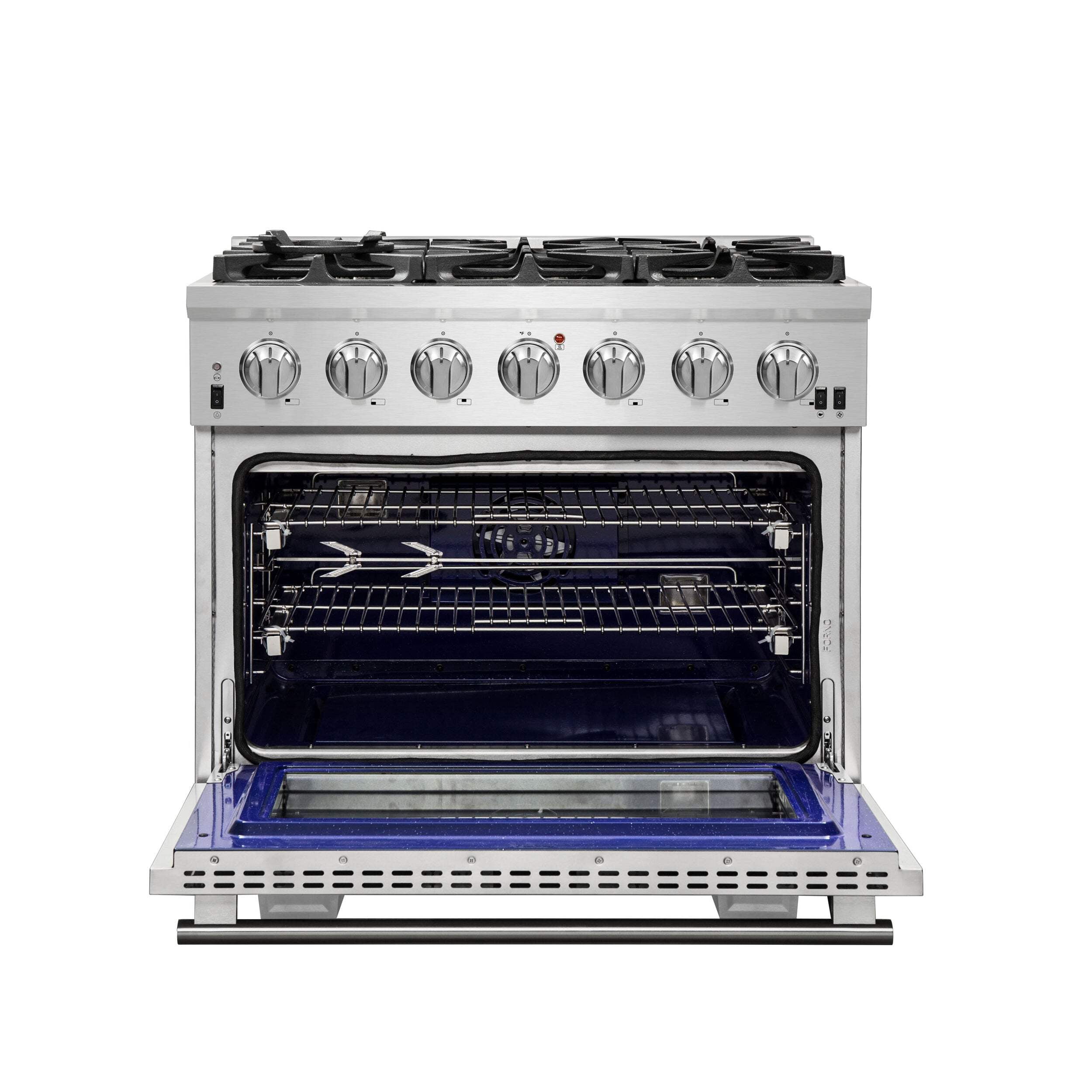FORNO Capriasca 48-inch Freestanding Gas Range All Stainless Steel, 8 Brass Burners 160,000 BTU, Wok Support & Griddle, 6.58 cu.ft. Double Ovens with Rotisserie