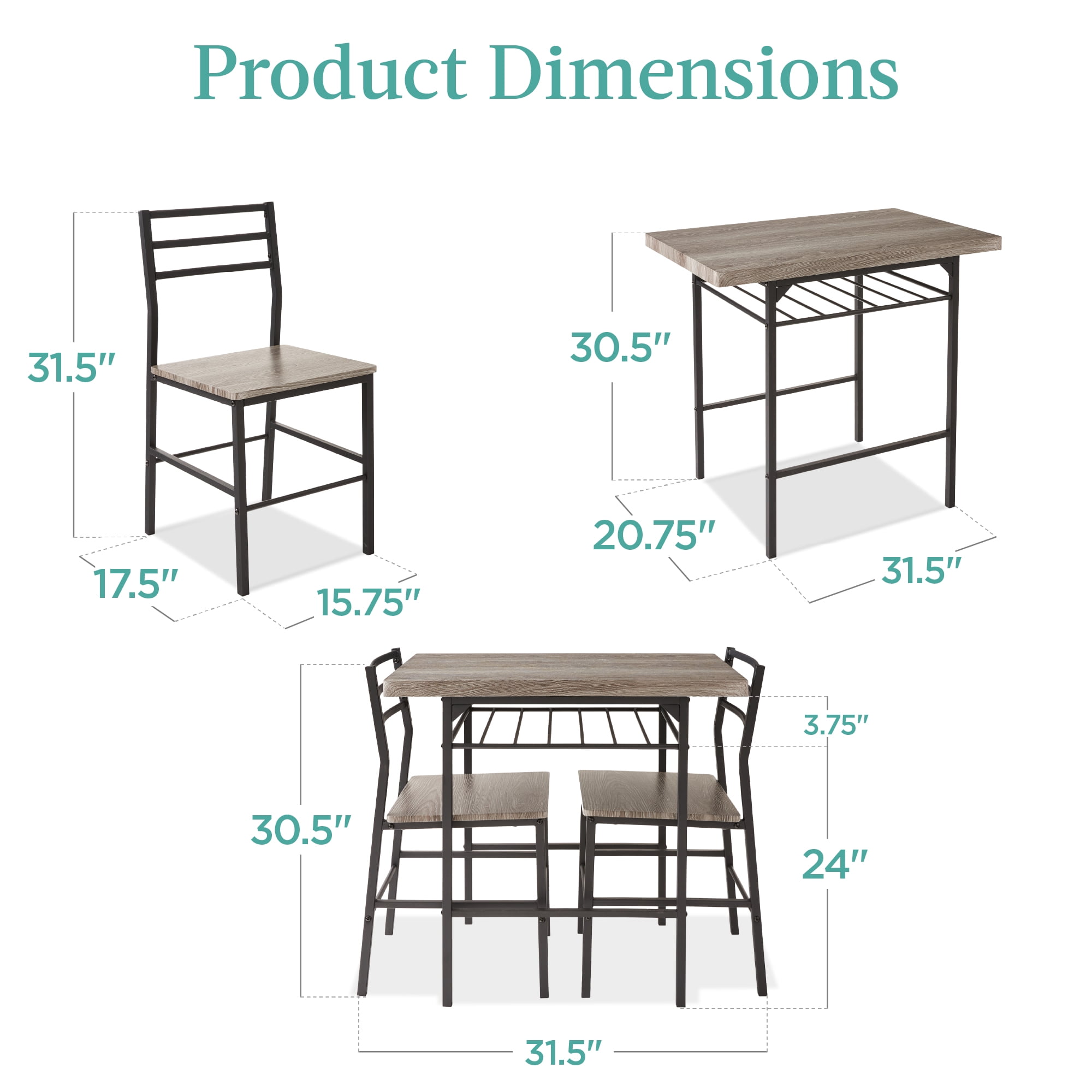 Best Choice Products 3-Piece Modern Dining Set, Square Table & Chairs Set w/ Steel Frame, Storage Rack - Gray/Black