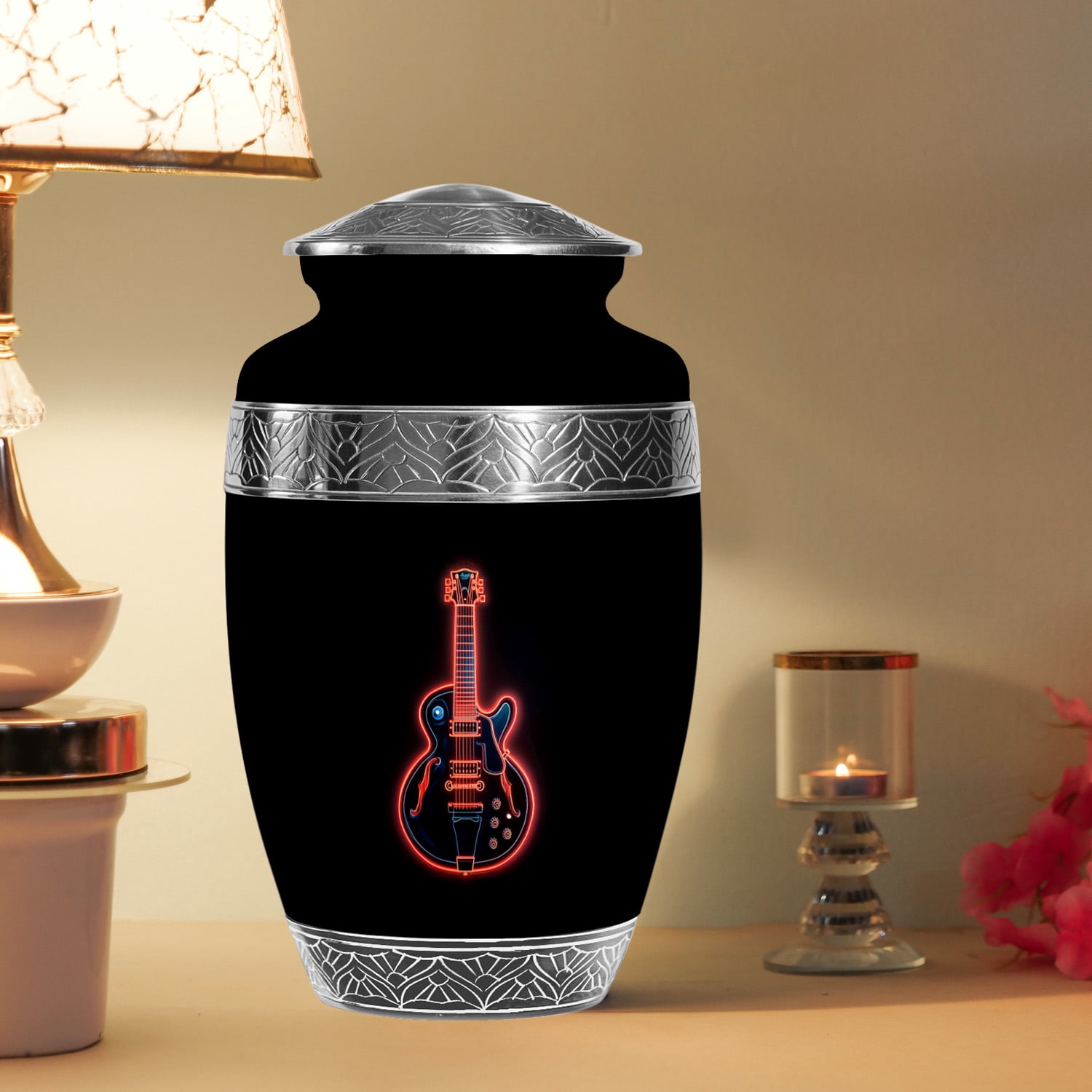 YATSKIA Neon Guitar Large Funeral Urns For Adult Ashes Men And Women, Cremation Urns For Human Ashes Adult Men And Women, (200 Cubic, Large 10 Inch)