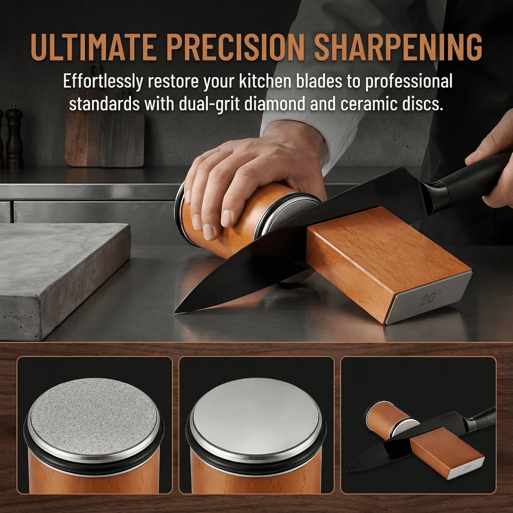 Rolling Knife Sharpener Kit, 4-Angle Tumbler Knife Sharpener with Double Diamond 400/1000 Discs for Kitchen Knives