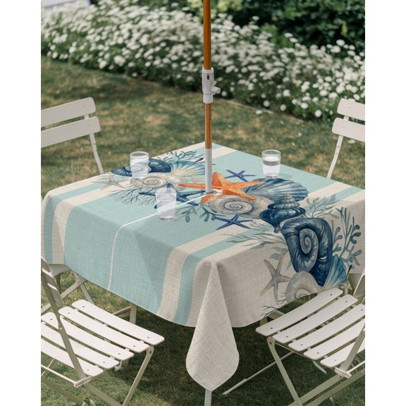 Outdoor Tablecloth with Umbrella Hole, Retro Summer Sea Stars Shells Corals Zippered Table Cloth for Rectangle Tables, Blue Striped Washable Waterproof Tablecloths for Picnic Patio Garden