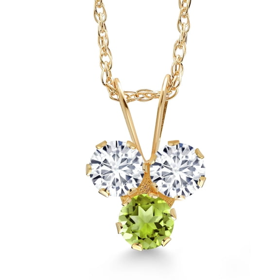 Gem Stone King 14K Yellow Gold White Lab Grown Diamond and Green Peridot 3-Stone Pendant Necklace for Women (0.32 Cttw, Gemstone April Birthstone, Round 3MM, 18 inch Chain)