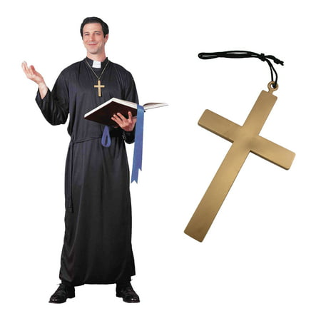 Mens Traditional Catholic Priest Robe Belt And Cross Necklace Halloween Costume